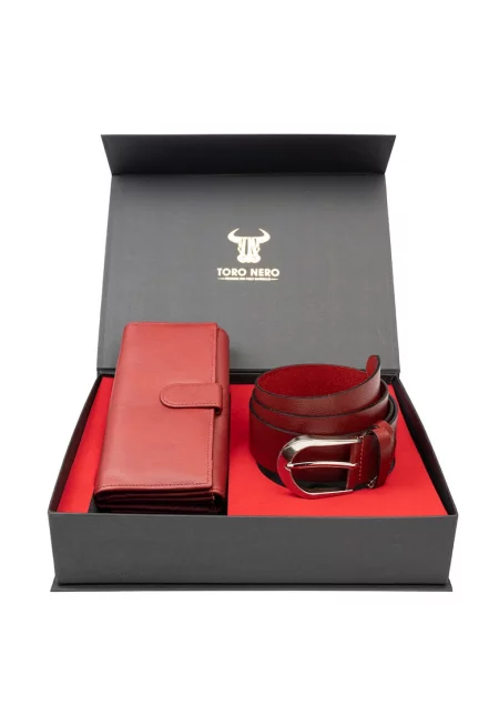 Дамски портфейл и комплект колан - естествена кожа - червен - Reset-Middle