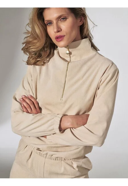 Дамски пуловер  кадифена яка - дълги ръкави - ластик - полиестер - Бежов