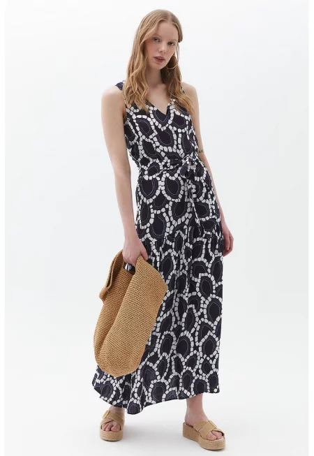 Десенирана рокля с връзка на талията - Бял/Черен