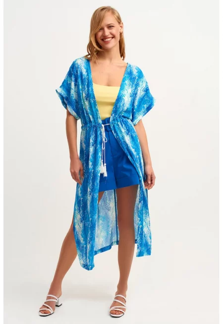 Десенирано кимоно с връзка - Бял/Син
