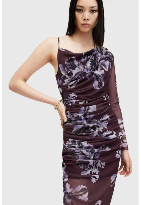 Драпирана рокля с голо рамо - Черен/Виолетов