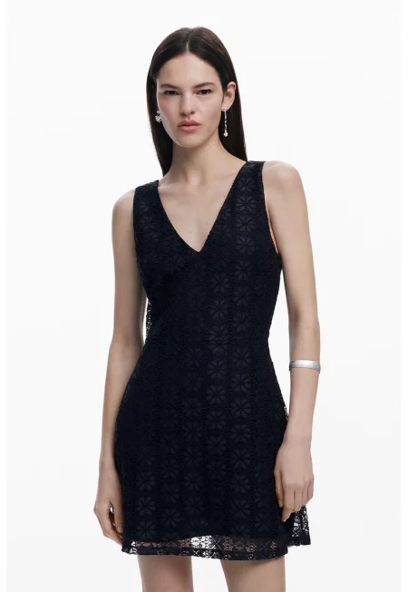 Флорална къса рокля с флорална дантела - Черен