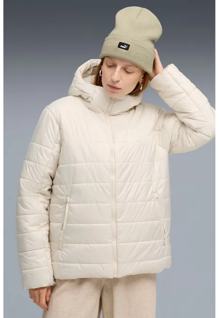 Капитонирано яке с качулка и лого - Мръснобял