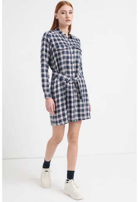 Карирана рокля-риза - Бял/Тъмносин