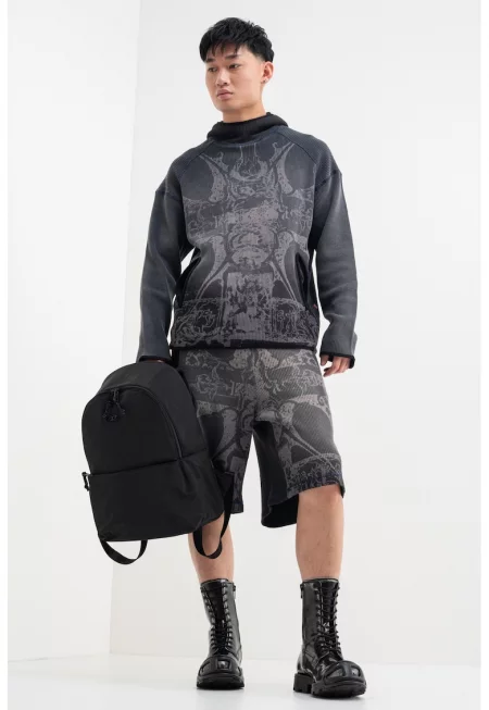 Къс панталон с еластична талия и принт - Антрацитно сиво