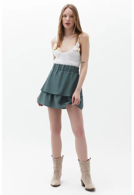 Къса пола от лиосел с еластична талия - Тъмнозелен
