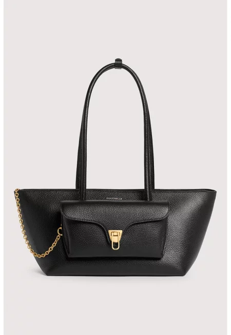 Кожена трапецовидна шопинг чанта Double Beat - Черен