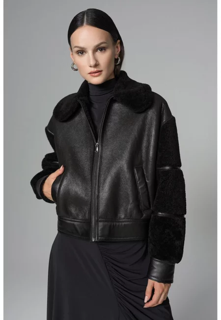 Кожено яке с мерино и свободна кройка - Черен