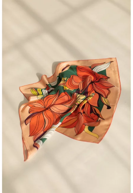 Квадратен копринен шал с флорален десен - Зелен/Жълт/Оранжев