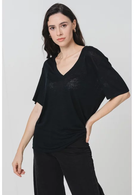 Ленена тениска Ela с шпиц - Избеляло черно