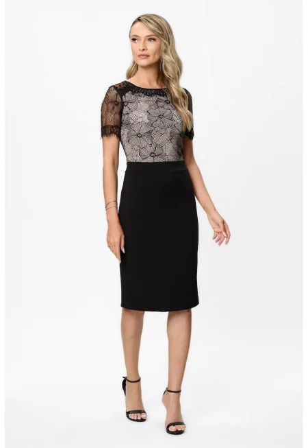 Миди рокля с дантелен горен слой - Бял/Черен