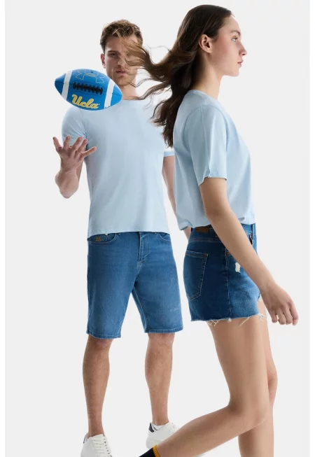 Памучна тениска с овално деколте - Ледено синьо