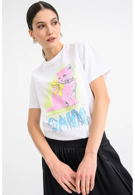 Памучна тениска с принт на коте - Бял/Розово/Син