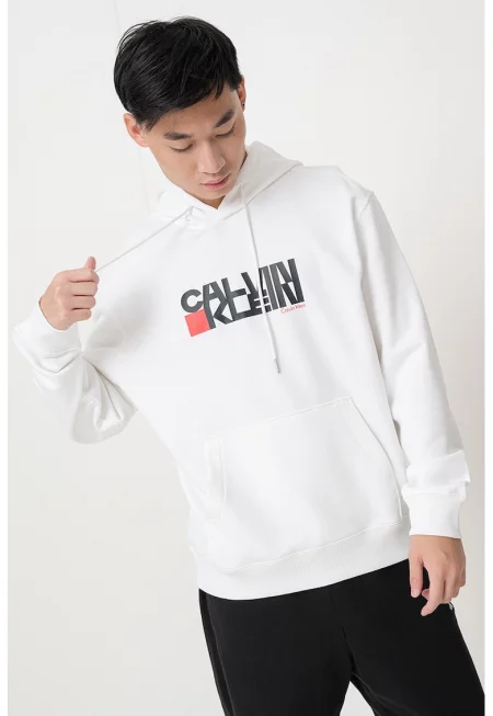 Памучно худи с лого - Бял/Черен