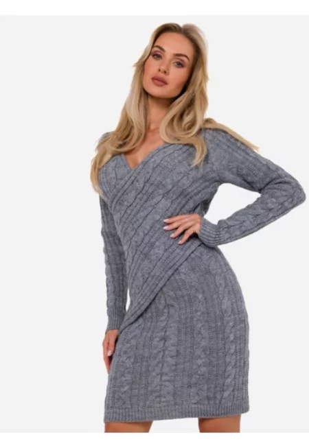 Плетена рокля - Акрил - V-образно деколте - Сива - S/M