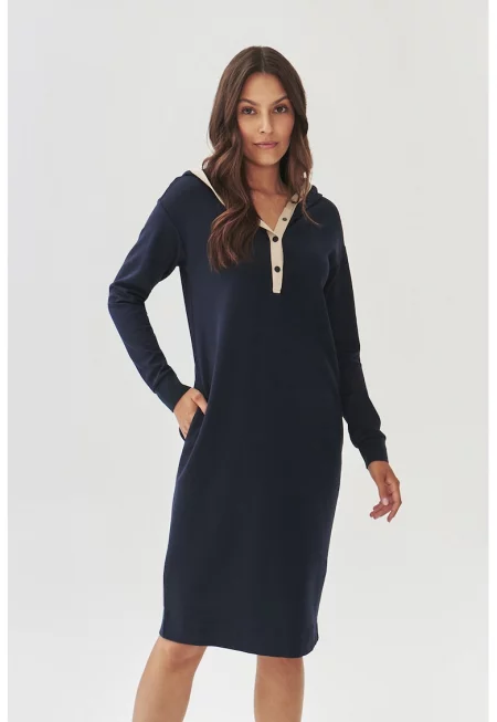 Права рокля с модал и качулка - Тъмносин