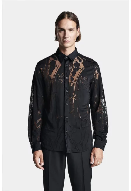 Прозрачна риза с щампа на стенопис и закопчаване с копчета - Черен