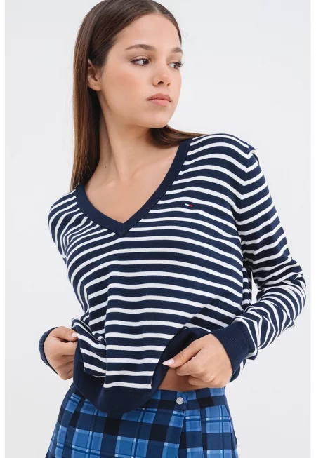 Пуловер от органичен памук с шпиц - Бял/Тъмносин