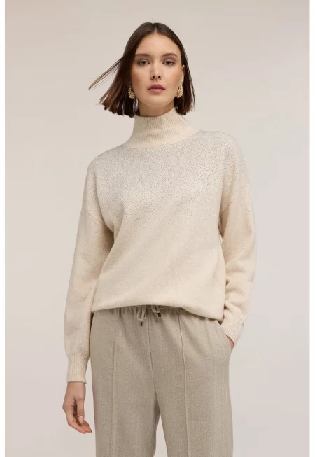 Пуловер с вълна с паднали ръкави и декоративни камъни - Крем