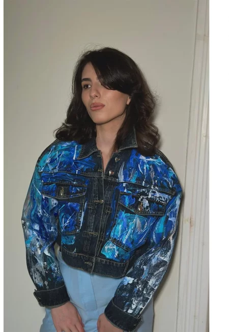 Ръчно рисувано дънково яке със свободна кройка - Кралско Синьо/Син