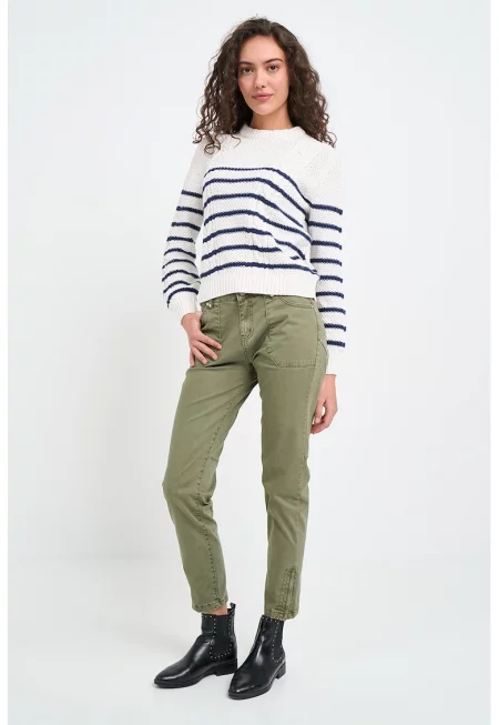 Раиран памучен пуловер - Тъмносин/Мръснобял