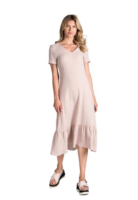 Рокля  midi - бежова - памучна - с волани - къс ръкав - за лятото