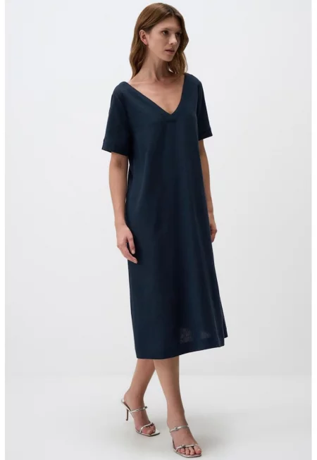 Рокля с лен с шпиц - Тъмносин