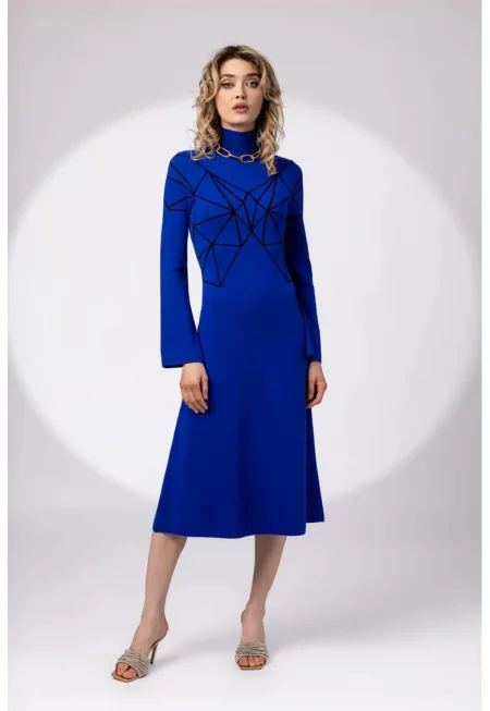 Рокля с миди яка и фигурална шарка - Кралско Синьо