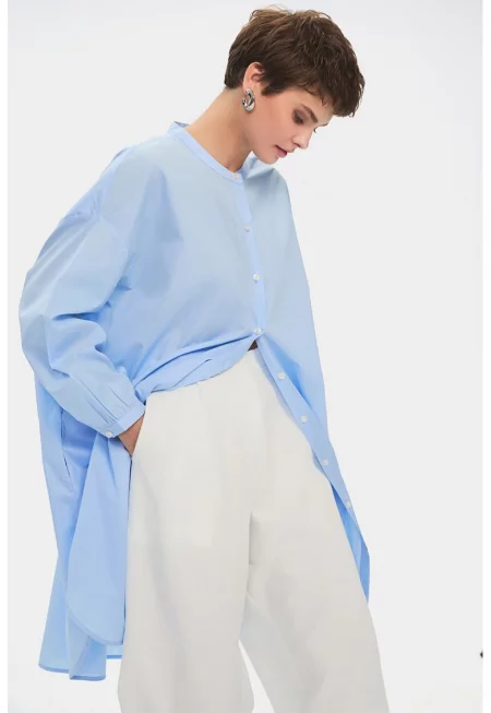 Рокля тип риза с паднали ръкави - Пастелносин