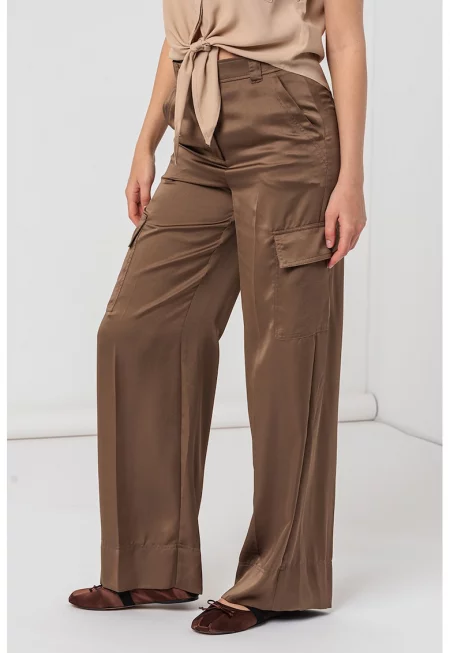 Сатиниран панталон с джобове с капаче встрани - Тъмнокафяв