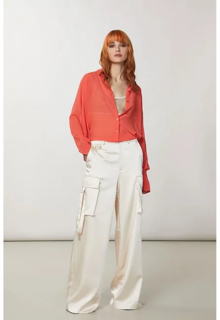 -Сатинирани карго панталони с ниска талия и свободен силует - Бежов