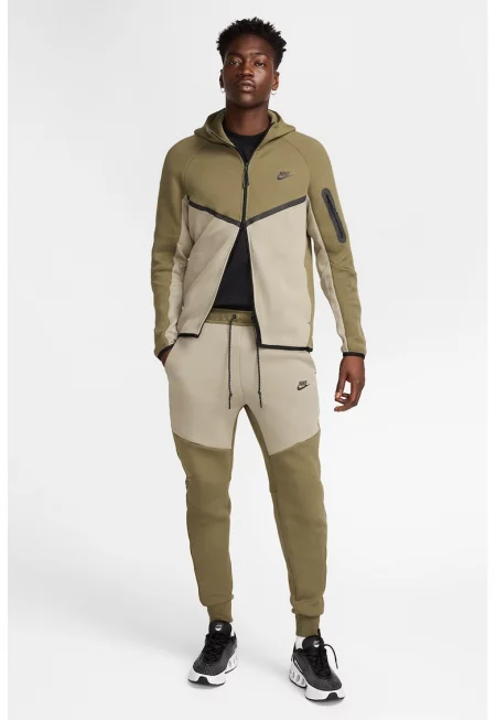 Спортен панталон с памук с регулируема талия - Бежов/Маслинено зелено