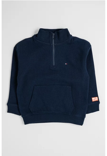 Суитшърт с джоб кенгуру и къс цип - Тъмносин