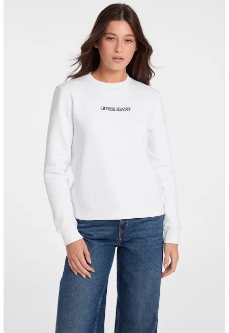 Суитшърт с овално деколте и лого - Бял