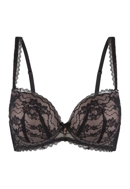 Сутиен с повдигащ се ефект и дантела - Черен