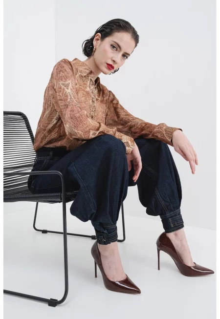 Свободна копринена риза с дълги ръкави - Зелен/Пастелнорозов/Светлокафяв