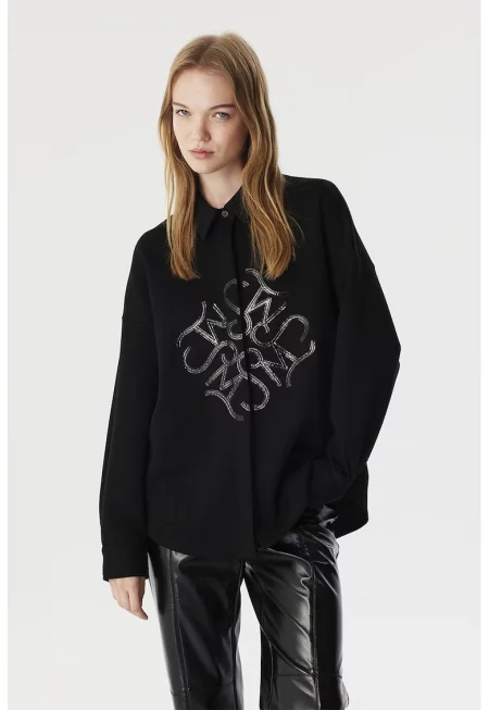 Свободна риза с надпис - Черен