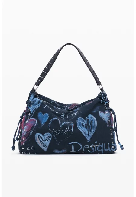 Текстилна чанта през рамо с цип - Фуксия/Тъмносин