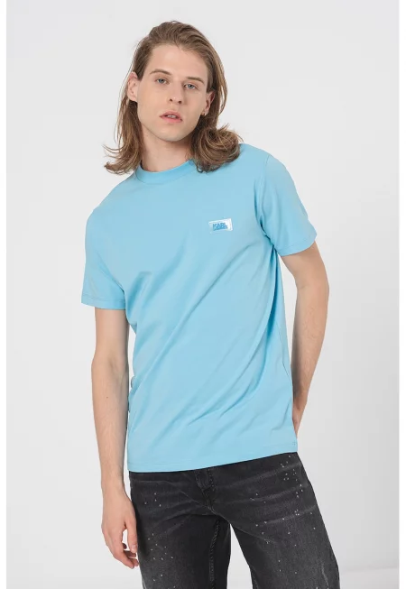 Тениска с овално деколте и лого - Пастелносин