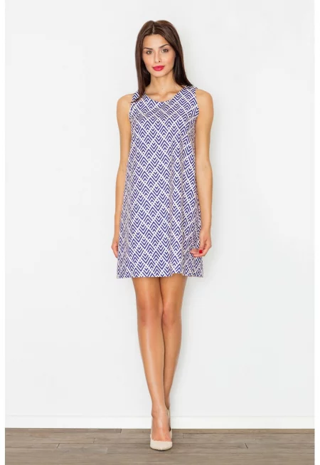Трапецовидна рокля  геометричен модел - полиестер - синьо - бяло -