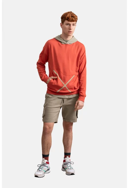 Унисекс худи с джоб кенгуру - Корал/Сиво-бежов