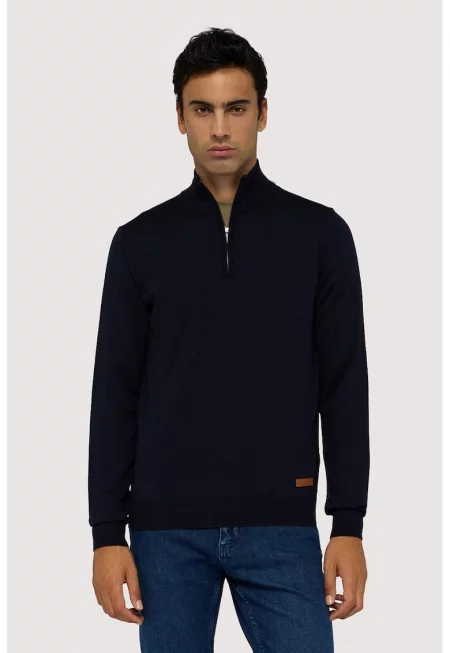 Вълнен пуловер с къс цип - Тъмносин