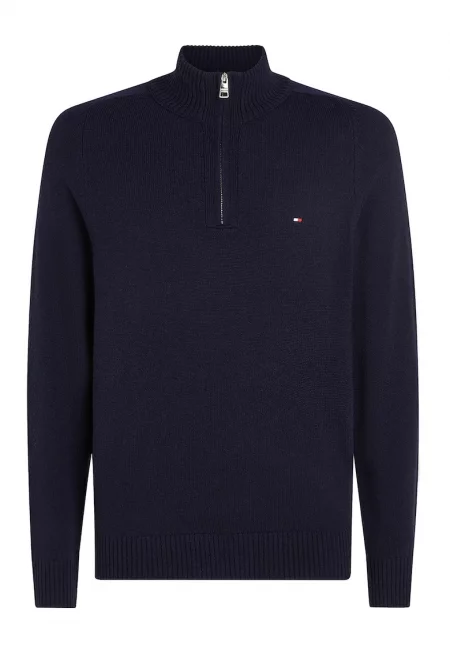 Вълнен пуловер с къс цип - Тъмносин