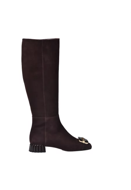 Велурени ботуши до коляното с квадратен връх - Тъмнокафяв
