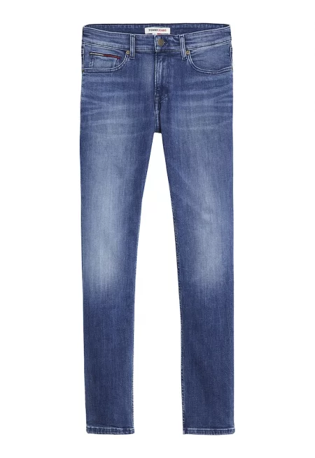 Вталени дънки със захабен ефект - Тъмносин