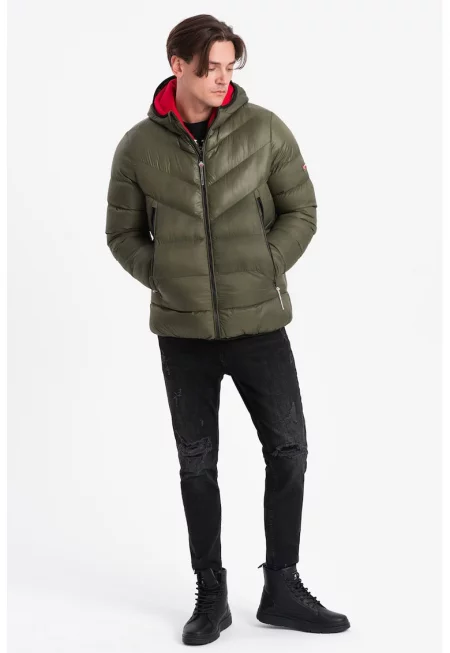 Зимно яке с качулка и вата - Маслинено зелено