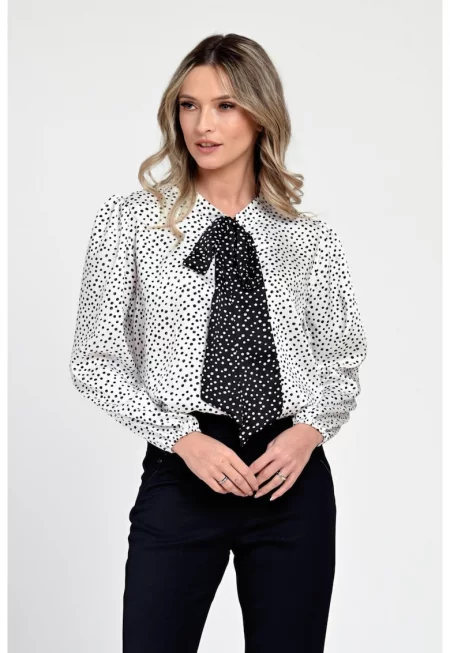 888146146-Bluza Dama din Satin - Alba cu puncte negre - Eleganta cu Funda V305