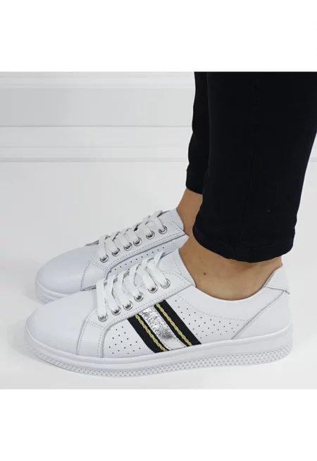 Бели кецове със сребристи детайли от естествена кожа 5088 M7 16498