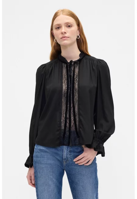 Блуза с дантела - Черен -