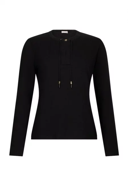 Блуза с овално деколте и връзка - Черен